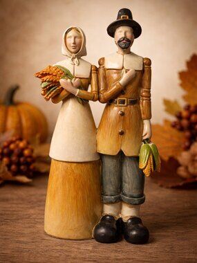 8" Resin Pilgrim Couple Figurine - Rustic Thanksgiving Harvest Decor